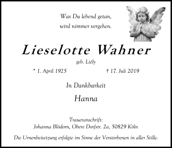 Anzeige von Lieselotte Wahner von Kölner Stadt-Anzeiger / Kölnische Rundschau / Express