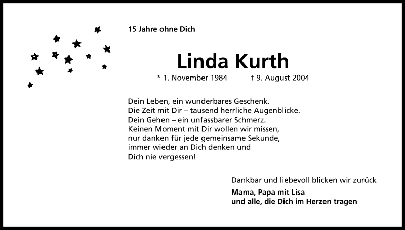  Traueranzeige für Linda Kurth vom 09.08.2019 aus Kölner Stadt-Anzeiger / Kölnische Rundschau / Express