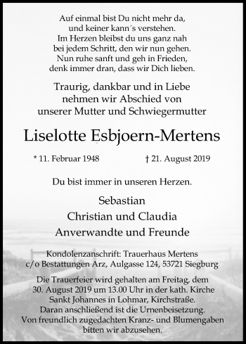 Anzeige von Liselotte Esbjoern-Mertens von Kölner Stadt-Anzeiger / Kölnische Rundschau / Express