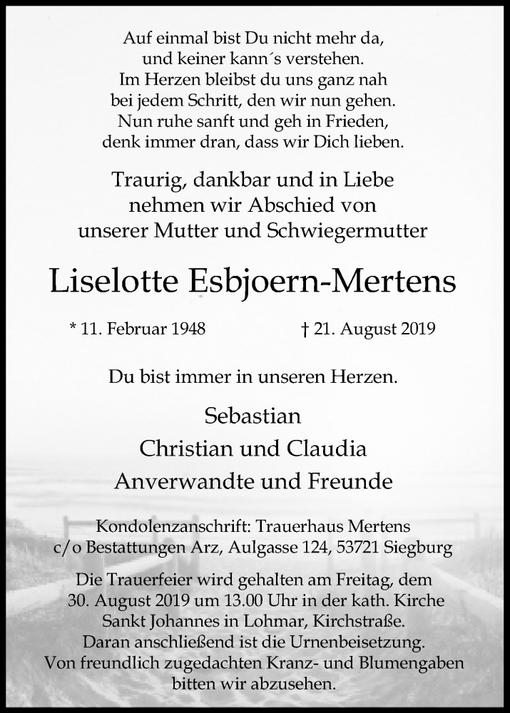  Traueranzeige für Liselotte Esbjoern-Mertens vom 28.08.2019 aus Kölner Stadt-Anzeiger / Kölnische Rundschau / Express