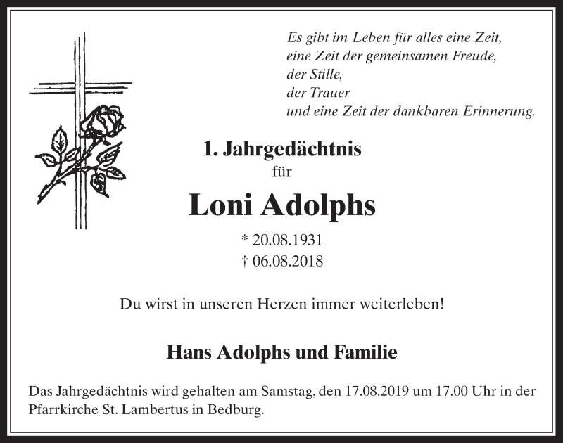  Traueranzeige für Loni Adolphs vom 14.08.2019 aus  Werbepost 