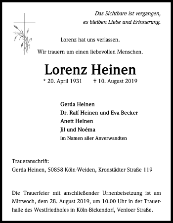 Anzeige von Lorenz Heinen von Kölner Stadt-Anzeiger / Kölnische Rundschau / Express