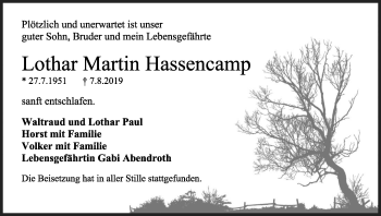 Anzeige von Lothar Martin Hassencamp von Kölner Stadt-Anzeiger / Kölnische Rundschau / Express