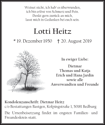 Anzeige von Lotti Heitz von  Werbepost 