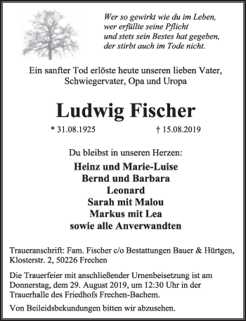 Anzeige von Ludwig Fischer von  Sonntags-Post 