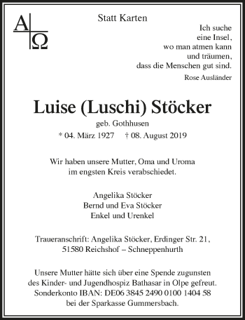 Anzeige von Luise Stöcker von  Lokalanzeiger 