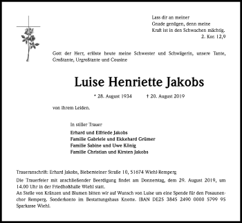 Anzeige von Luise Henriette Jakobs von Kölner Stadt-Anzeiger / Kölnische Rundschau / Express