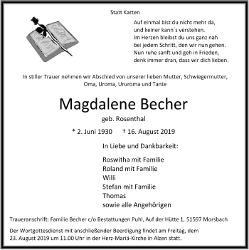 Anzeige von Magdalene Becher von  Lokalanzeiger 