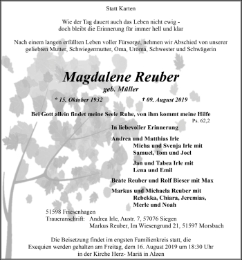 Anzeige von Magdalene Reuber von  Lokalanzeiger 