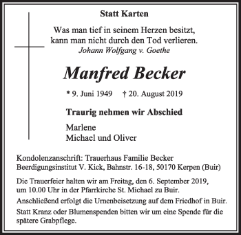 Anzeige von Manfred Becker von  Sonntags-Post 