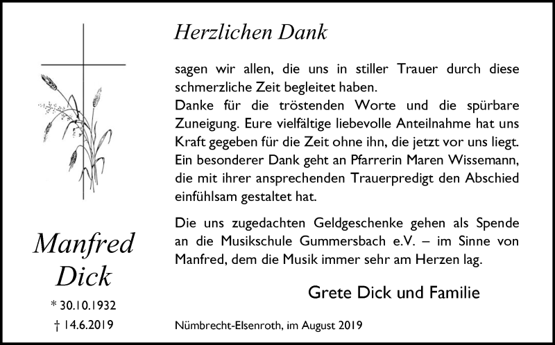  Traueranzeige für Manfred Dick vom 07.08.2019 aus  Lokalanzeiger 