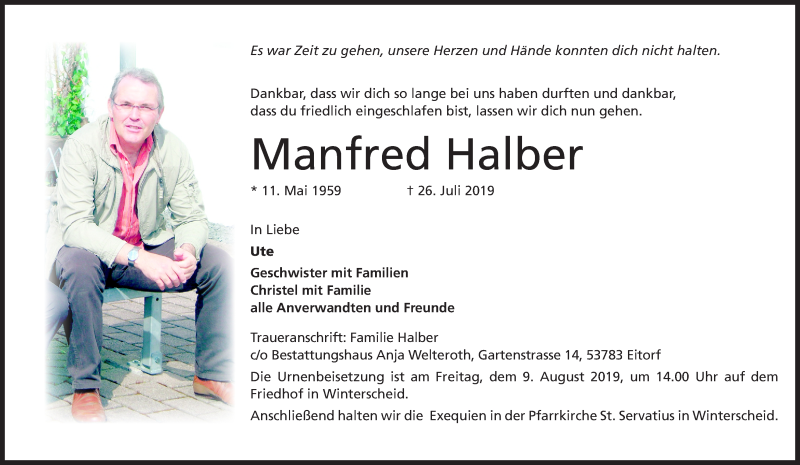  Traueranzeige für Manfred Halber vom 03.08.2019 aus Kölner Stadt-Anzeiger / Kölnische Rundschau / Express