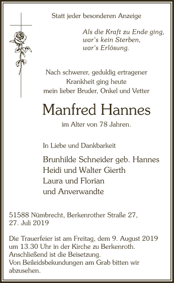 Anzeige von Manfred Hannes von  Lokalanzeiger 