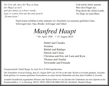 Anzeige von Manfred Haupt von  Bergisches Handelsblatt 