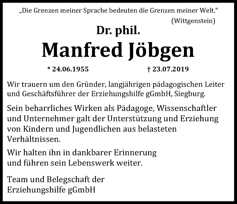  Traueranzeige für Manfred Jöbgen vom 10.08.2019 aus Kölner Stadt-Anzeiger / Kölnische Rundschau / Express