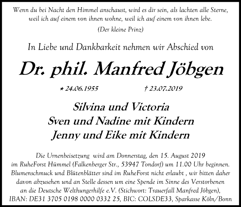  Traueranzeige für Manfred Jöbgen vom 10.08.2019 aus Kölner Stadt-Anzeiger / Kölnische Rundschau / Express