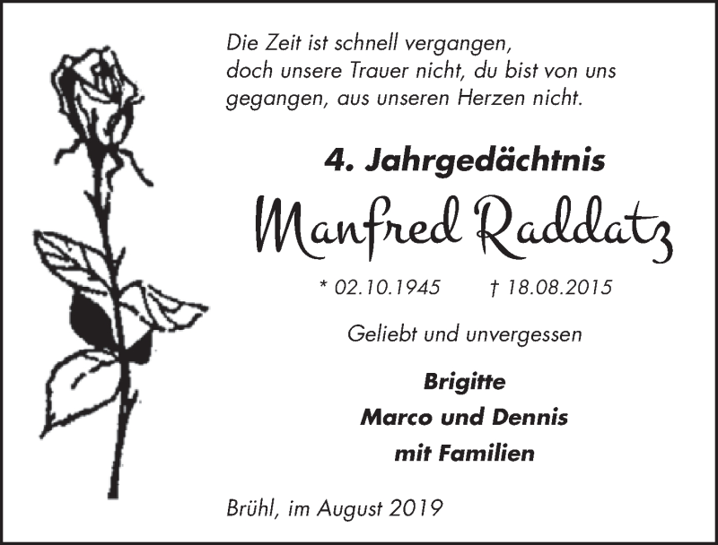  Traueranzeige für Manfred Raddatz vom 14.08.2019 aus  Schlossbote/Werbekurier 