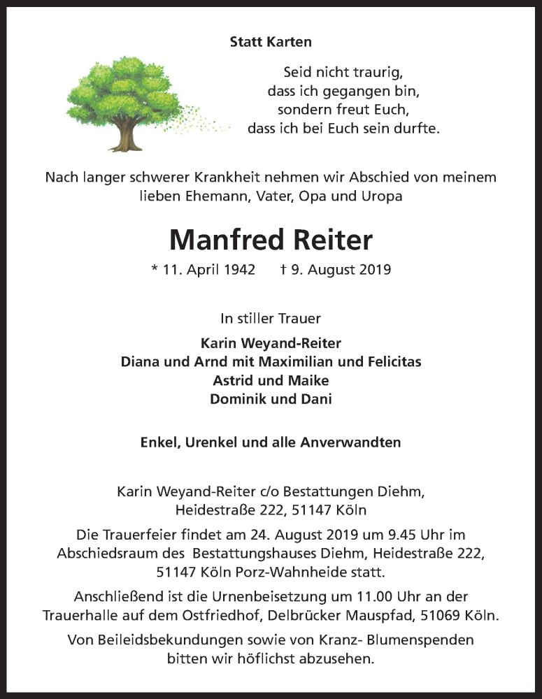  Traueranzeige für Manfred Reiter vom 17.08.2019 aus Kölner Stadt-Anzeiger / Kölnische Rundschau / Express