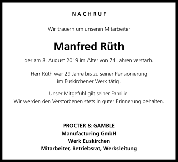 Anzeige von Manfred Rüth von Kölner Stadt-Anzeiger / Kölnische Rundschau / Express