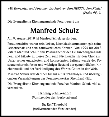 Anzeige von Manfred Schulz von Kölner Stadt-Anzeiger / Kölnische Rundschau / Express