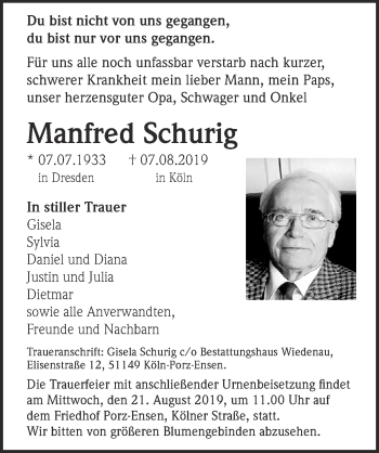 Anzeige von Manfred Schurig von  Kölner Wochenspiegel 