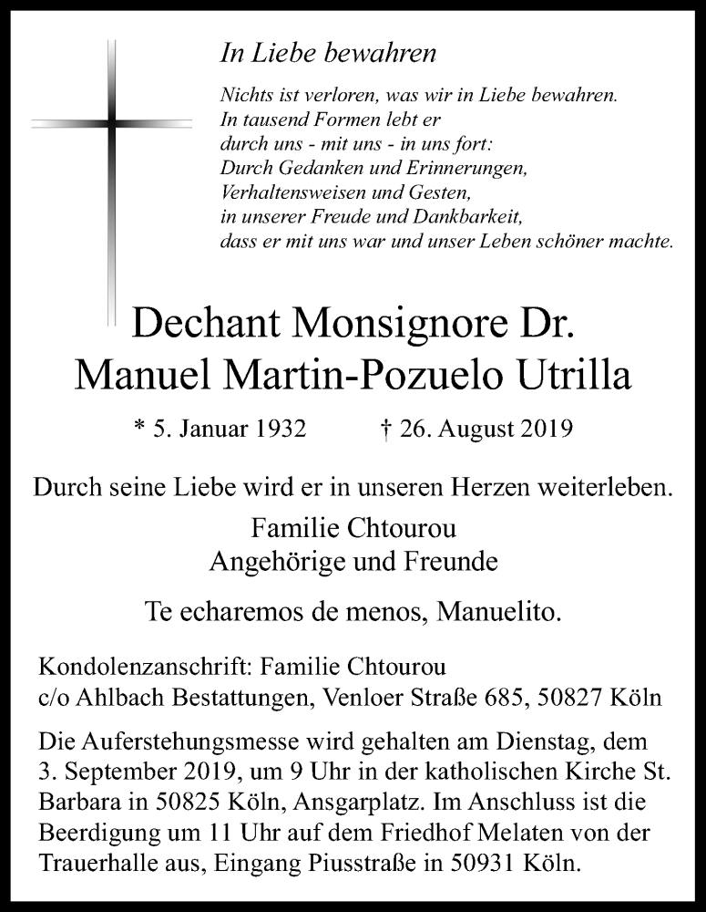  Traueranzeige für Manuel Martin-Pozuelo Utrilla vom 31.08.2019 aus Kölner Stadt-Anzeiger / Kölnische Rundschau / Express