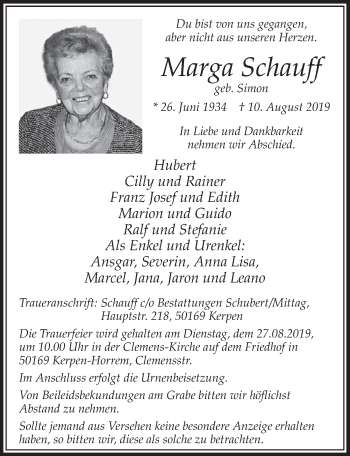 Anzeige von Marga Schauff von  Sonntags-Post 