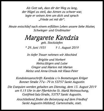 Anzeige von Margareta Kandzia von Kölner Stadt-Anzeiger / Kölnische Rundschau / Express