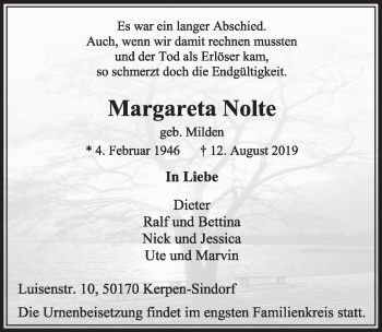 Anzeige von Margareta Nolte von  Sonntags-Post 