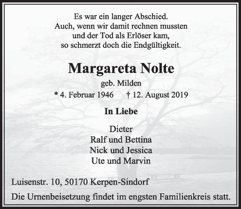  Traueranzeige für Margareta Nolte vom 24.08.2019 aus  Sonntags-Post 