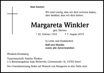 Anzeige von Margareta Winkler von Kölner Stadt-Anzeiger / Kölnische Rundschau / Express