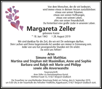 Anzeige von Margareta Zeller von  Bergisches Sonntagsblatt 