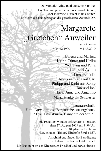 Anzeige von Margarete Auweiler von Kölner Stadt-Anzeiger / Kölnische Rundschau / Express