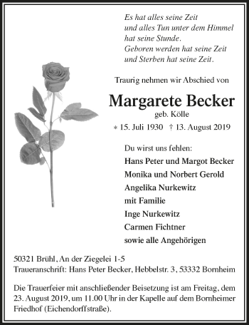 Anzeige von Margarete Becker von  Schlossbote/Werbekurier 