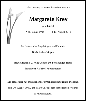 Anzeige von Margarete Krey von Kölner Stadt-Anzeiger / Kölnische Rundschau / Express