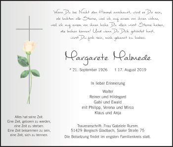 Anzeige von Margarete Malmede von Kölner Stadt-Anzeiger / Kölnische Rundschau / Express