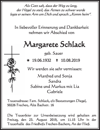 Anzeige von Margarete Schlack von  Sonntags-Post 