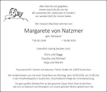Anzeige von Margarete von Natzmer von  Blickpunkt Euskirchen 