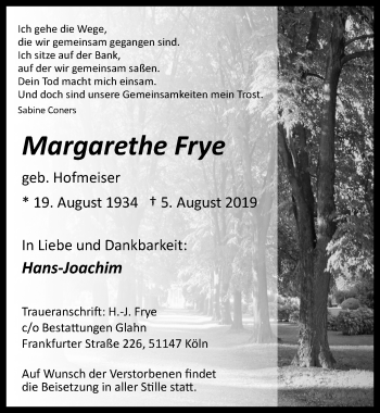 Anzeige von Margarethe Frye von  Kölner Wochenspiegel 