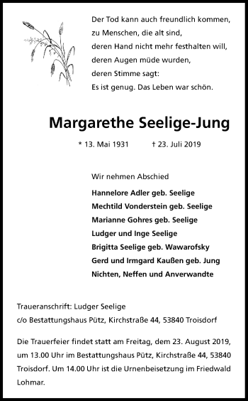 Anzeige von Margarethe Seelige-Jung von Kölner Stadt-Anzeiger / Kölnische Rundschau / Express