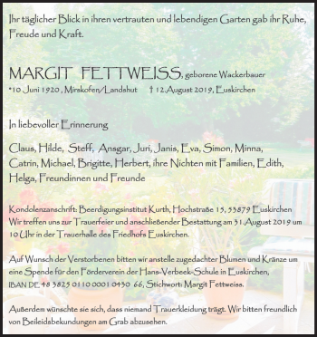 Anzeige von Margit Fettweiss von Kölner Stadt-Anzeiger / Kölnische Rundschau / Express