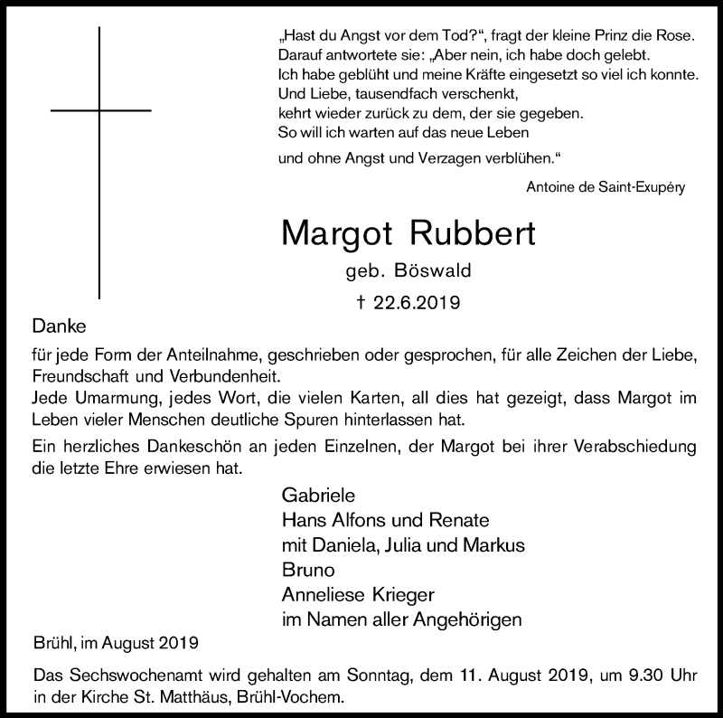  Traueranzeige für Margot Rubbert vom 03.08.2019 aus Kölner Stadt-Anzeiger / Kölnische Rundschau / Express