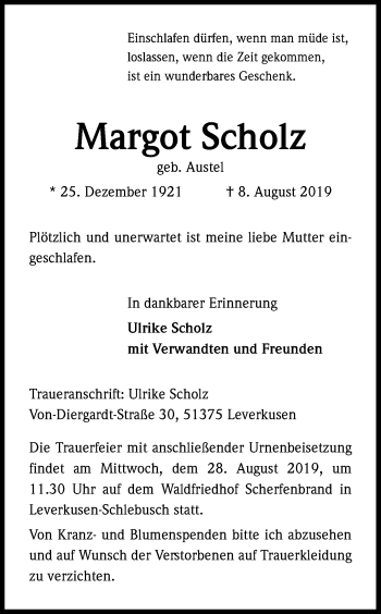 Anzeige von Margot Scholz von Kölner Stadt-Anzeiger / Kölnische Rundschau / Express