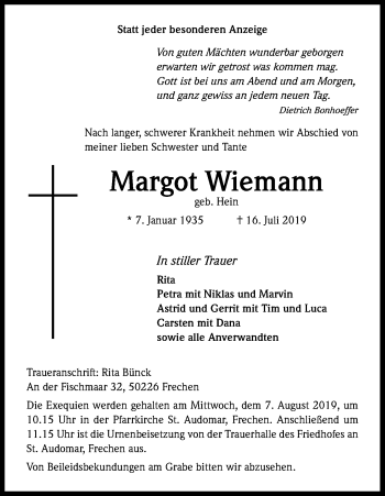 Anzeige von Margot Wiemann von Kölner Stadt-Anzeiger / Kölnische Rundschau / Express