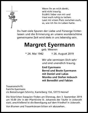 Anzeige von Margret Eyermann von Kölner Stadt-Anzeiger / Kölnische Rundschau / Express