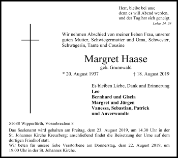 Anzeige von Margret Haase von Kölner Stadt-Anzeiger / Kölnische Rundschau / Express