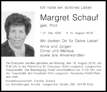 Anzeige von Margret Schauf von Kölner Stadt-Anzeiger / Kölnische Rundschau / Express