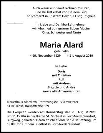 Anzeige von Maria Alard von Kölner Stadt-Anzeiger / Kölnische Rundschau / Express