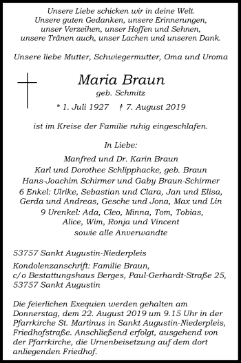 Anzeige von Maria Braun von Kölner Stadt-Anzeiger / Kölnische Rundschau / Express