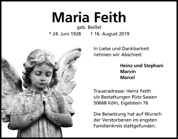Anzeige von Maria Feith von Kölner Stadt-Anzeiger / Kölnische Rundschau / Express